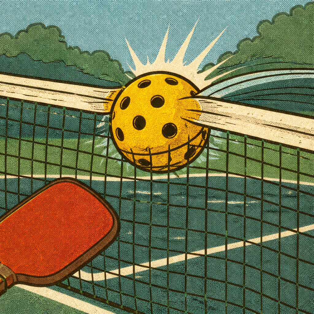 a pickleball serve hitting the net
