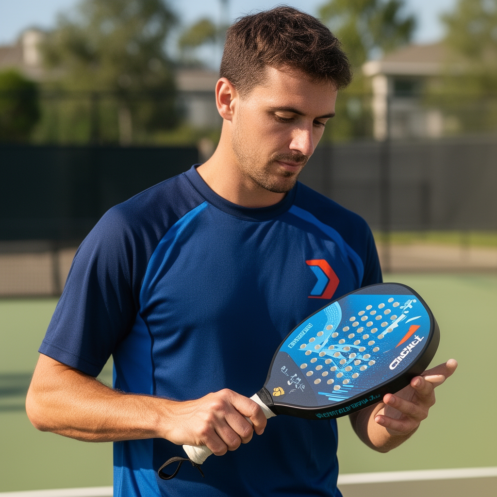 a male pickleball player looking at his paddle