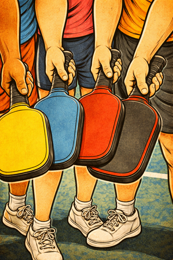 A comic of a group of people holding their pickleball paddles