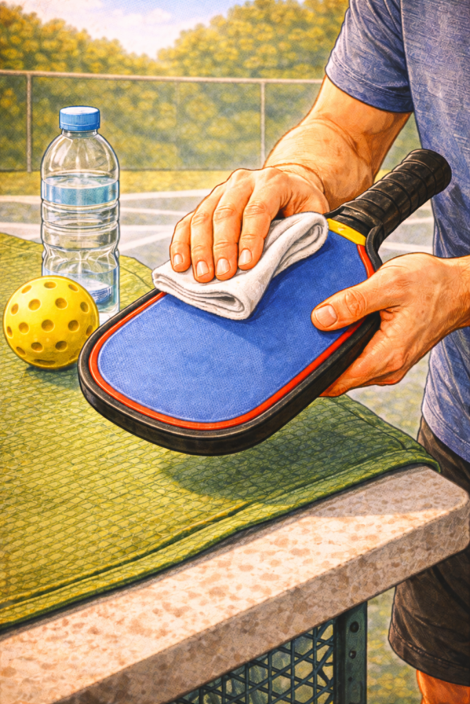 A person using a rag to clean a pickleball paddle