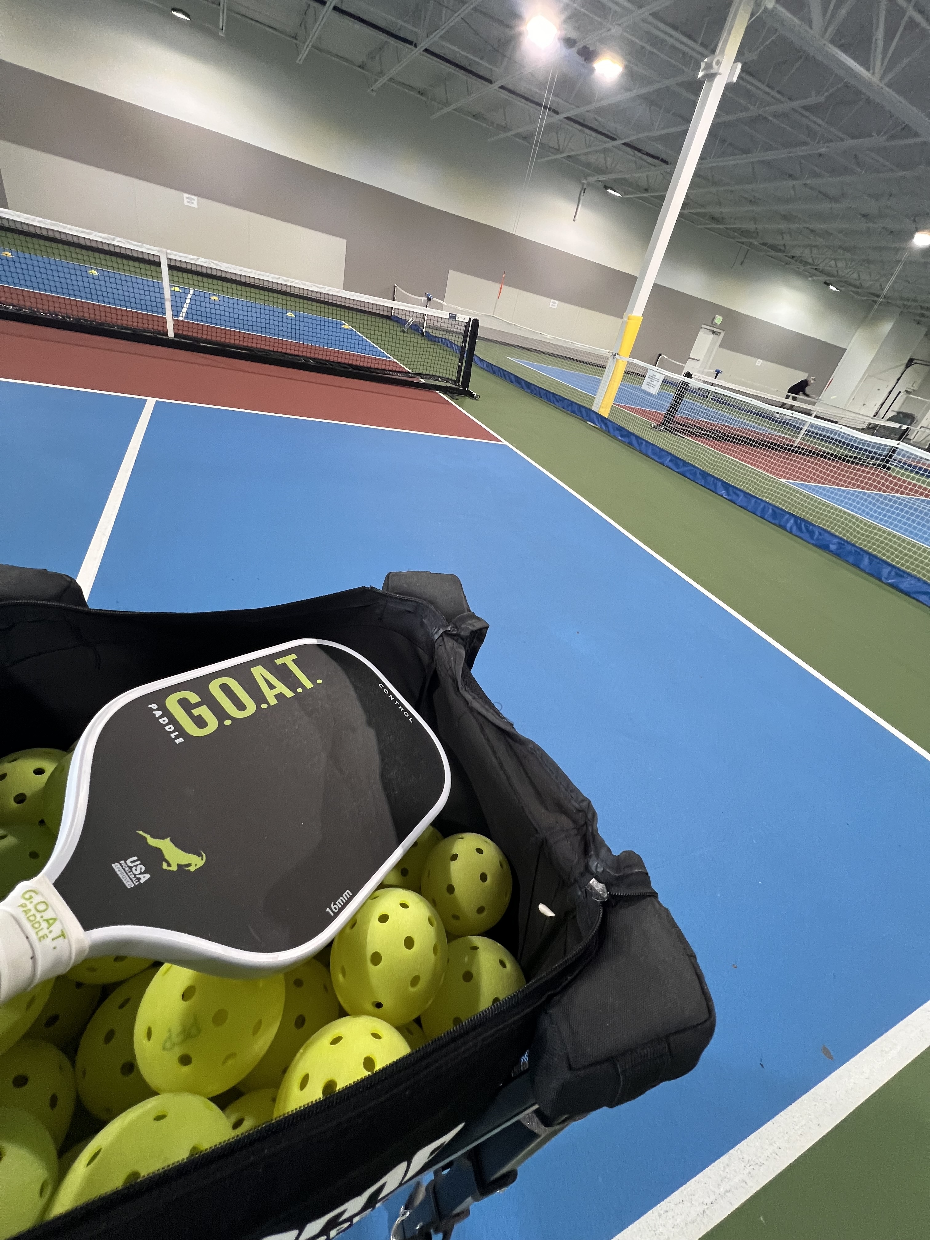 The GOAT Control paddle with a cart of pickleballs in a pickleball facility