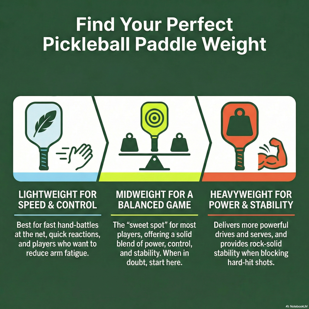 A graphic with pickleball paddle weight recommendations