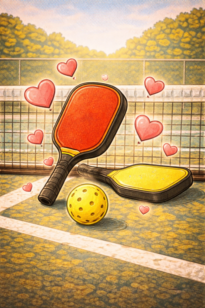 pickleball paddles on a court with hearts