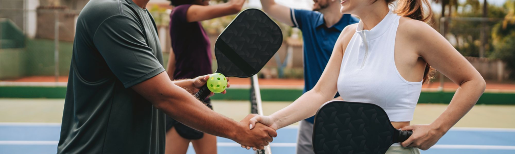 four friends standing at a pickleball net shaking hands.