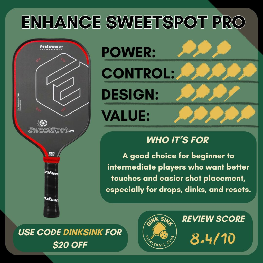 The Dink Sink Pickleball Club rating for the Enhance SweetSpot Pro paddle