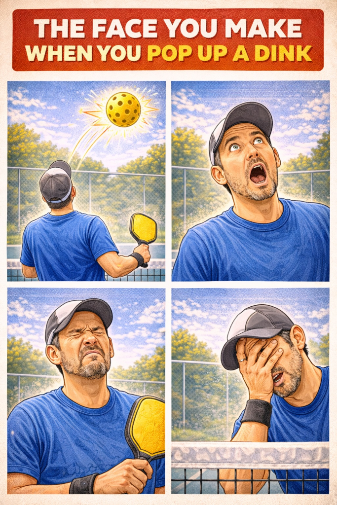 The face you make when you pop up a dink: a man cringing after a bad shot