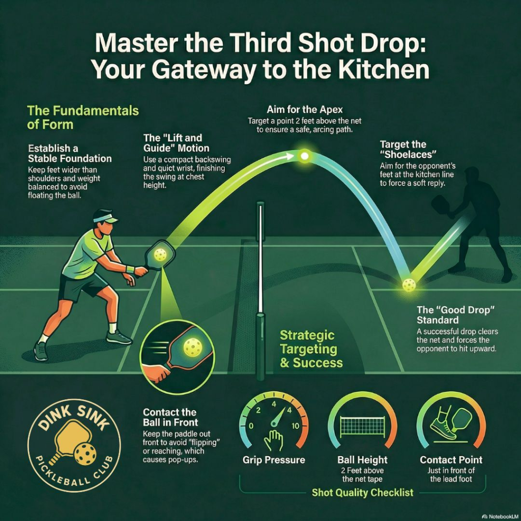 an infographic from Dink Sink Pickleball Club explaining how to hit a third shot drop