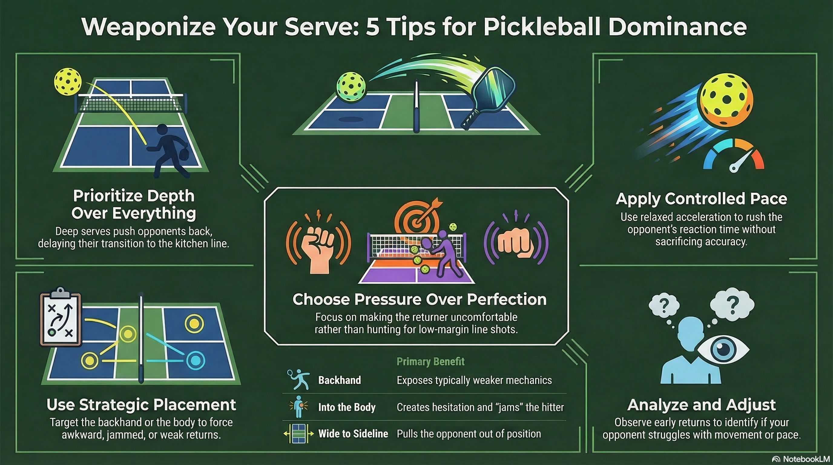 A graphic on how to improve your pickleball serve with 5 strategies