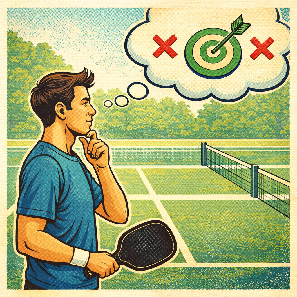 a man thinking about where to place his next pickleball serve