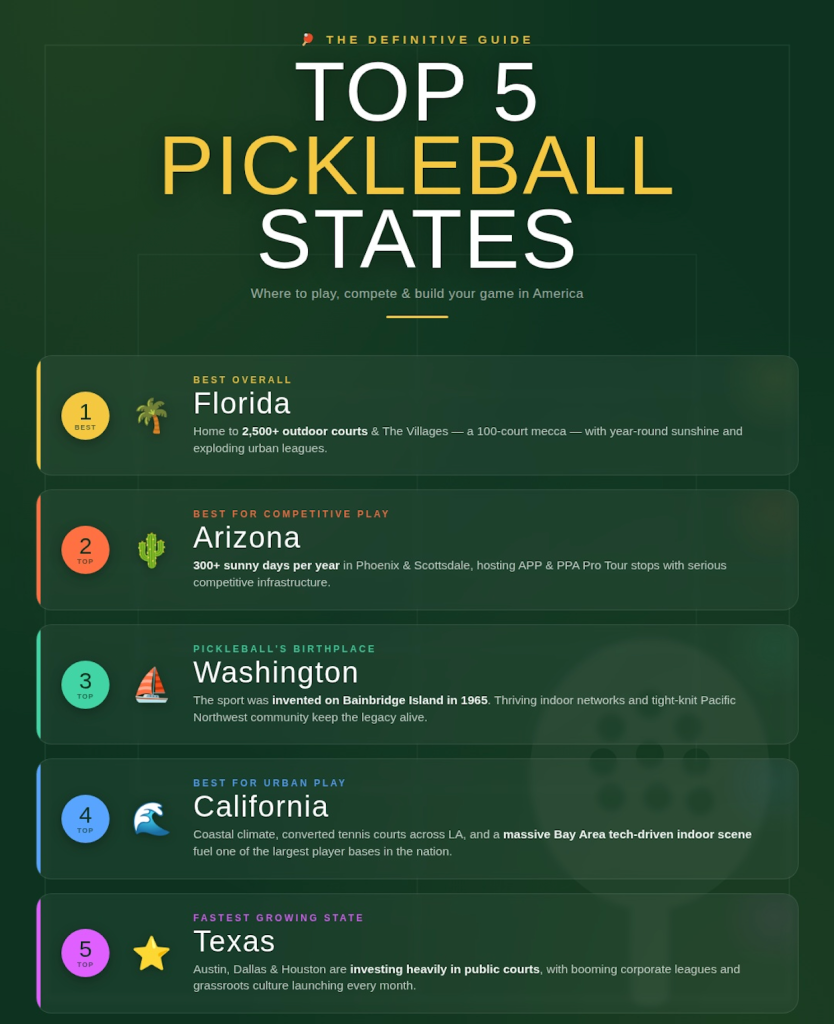 infographic of the top 5 pickleball states in the USA