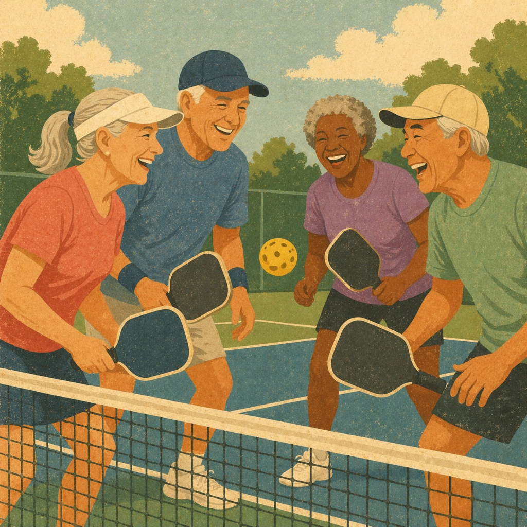 A group of diverse older folks on a pickleball court laughing