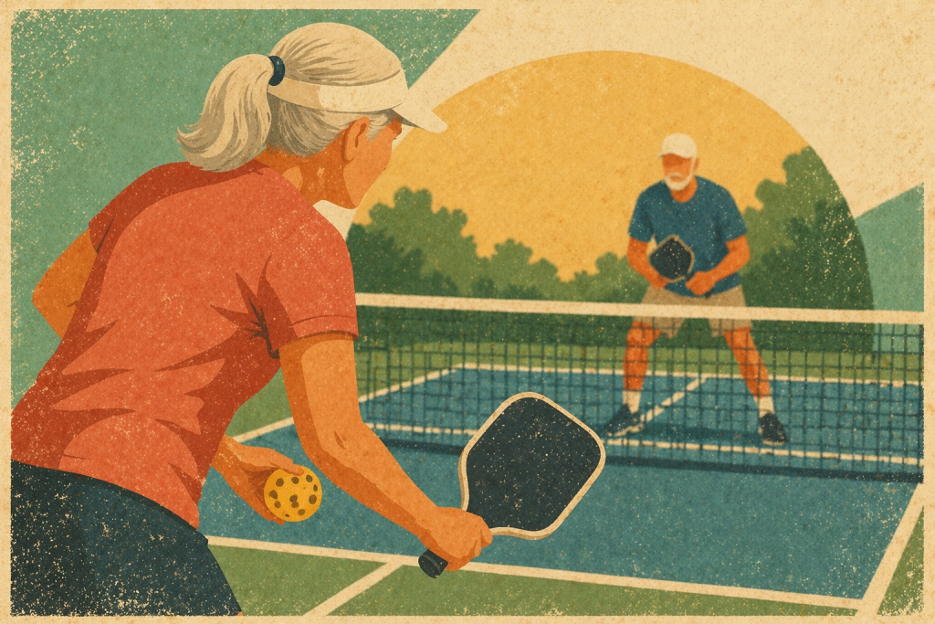 An older man and woman playing pickleball
