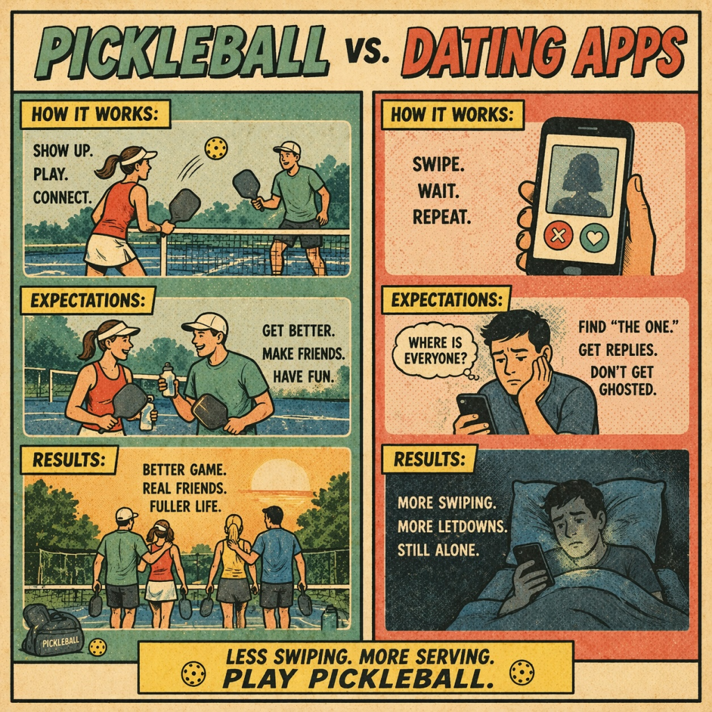 A graphic showing the difference between pickleball and dating apps