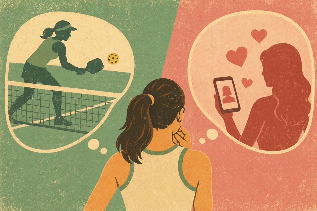 a girl choosing between pickleball and dating apps